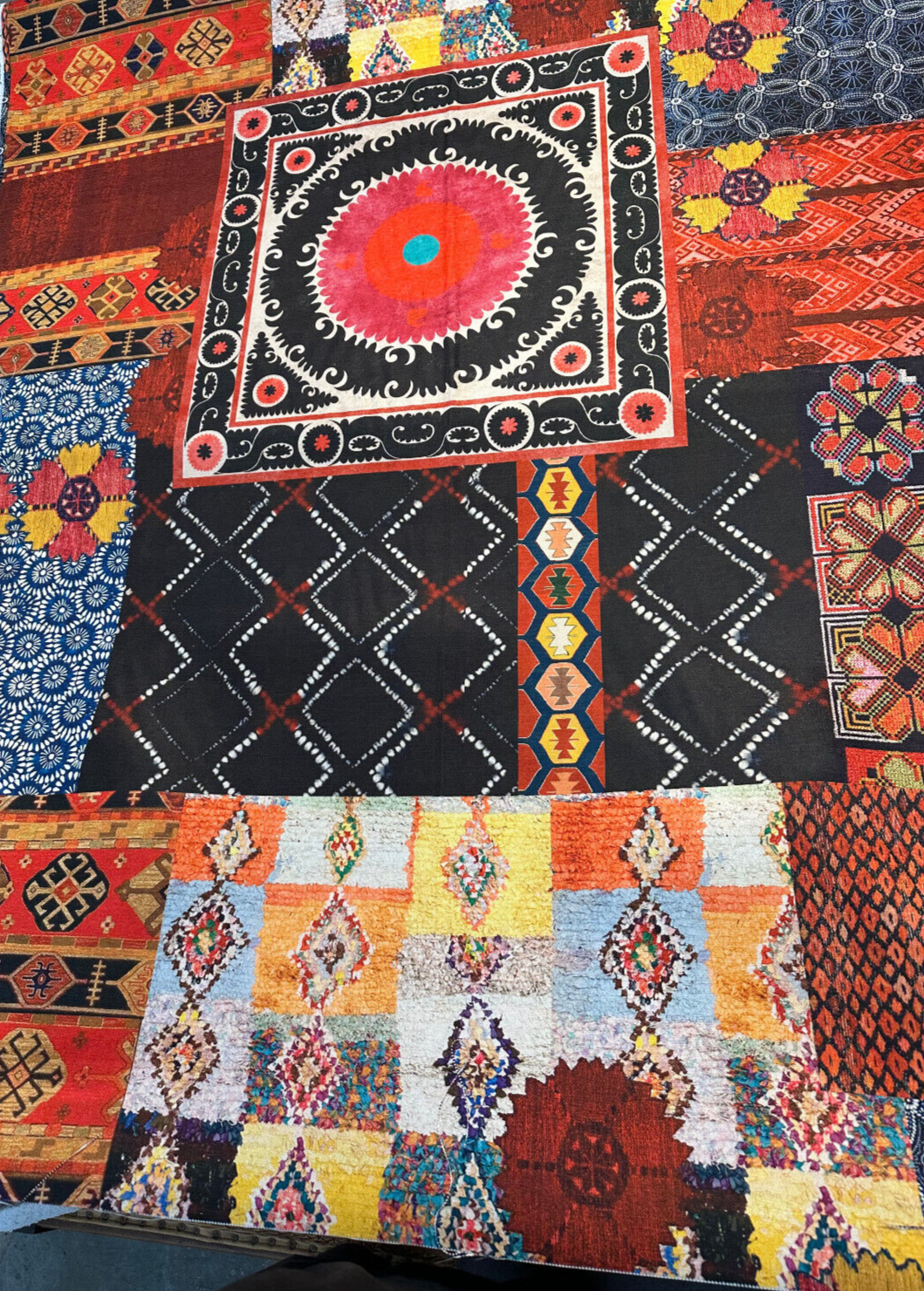 Suzani Bohemian Patchwork Velvet Fabric - Baltic, Antique Gold, Rouge, Onyx Black, Peach, Spring Green, Soft White, 56" Width (By The Yard)
