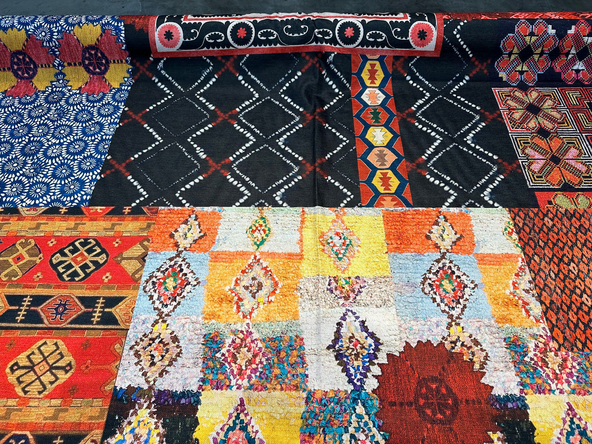 Suzani Bohemian Patchwork Velvet Fabric - Baltic, Antique Gold, Rouge, Onyx Black, Peach, Spring Green, Soft White, 56" Width (By The Yard)