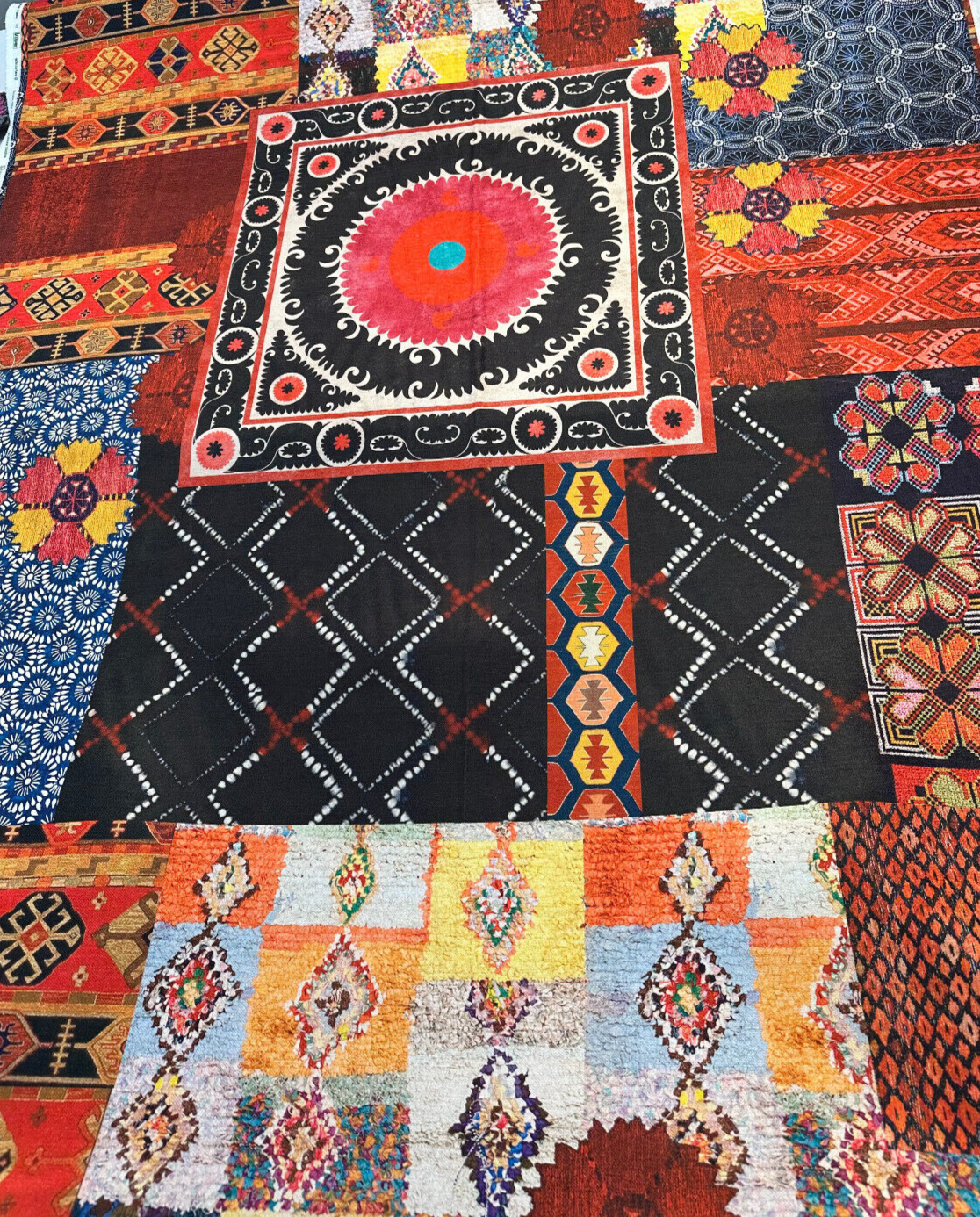 Suzani Bohemian Patchwork Velvet Fabric - Baltic, Antique Gold, Rouge, Onyx Black, Peach, Spring Green, Soft White, 56" Width (By The Yard)