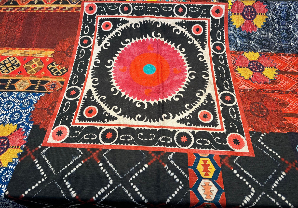 Suzani Bohemian Patchwork Velvet Fabric - Baltic, Antique Gold, Rouge, Onyx Black, Peach, Spring Green, Soft White, 56" Width (By The Yard)
