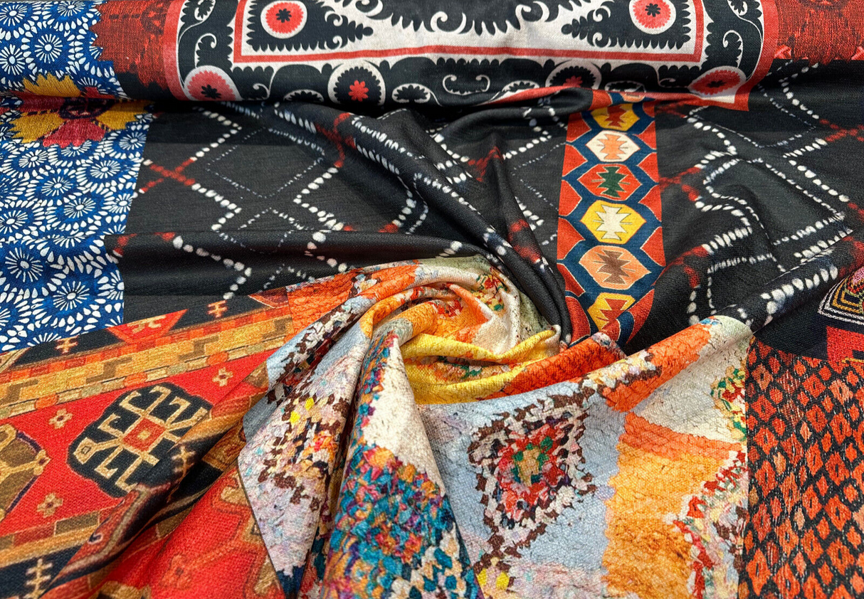 Suzani Bohemian Patchwork Velvet Fabric - Baltic, Antique Gold, Rouge, Onyx Black, Peach, Spring Green, Soft White, 56" Width (By The Yard)