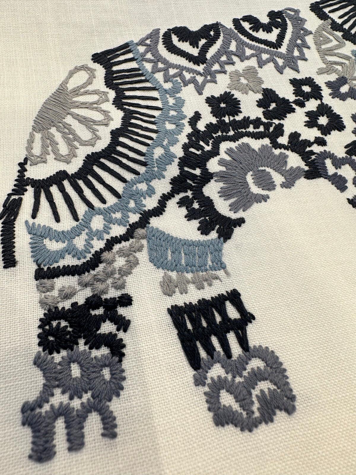 Elephant Stitch Make Your Mark Embroidered Cotton Fabric - White With Blue And Gray Elephant Motif, 19" Vertical Repeat, 13.5" Horizontal Repeat (1 Yard)