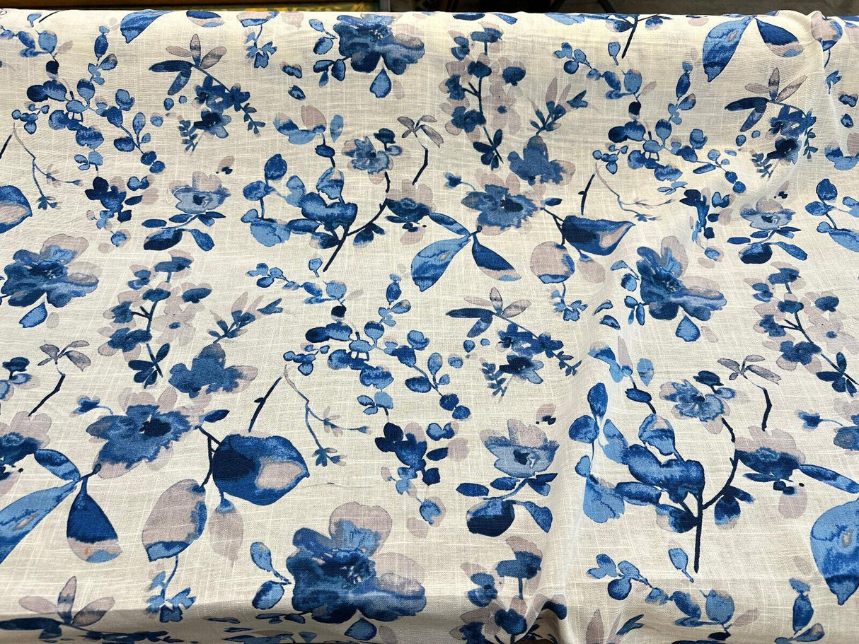 Trend Vern Blue Floral D3367 Linen Cotton Fabric - Aqua/Citrine Floral, 54" Width (By The Yard)
