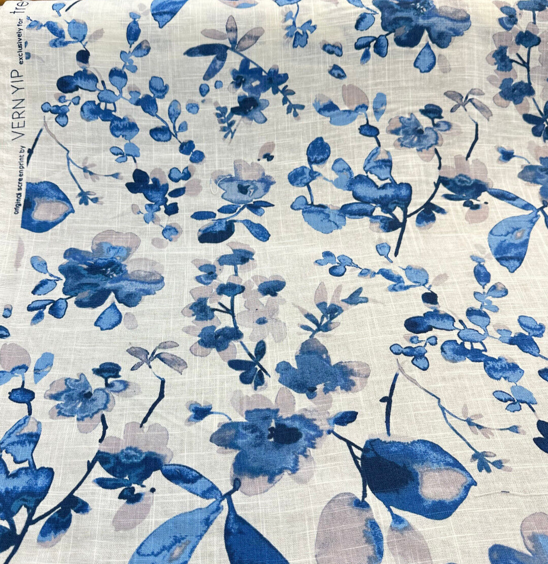 Trend Vern Blue Floral D3367 Linen Cotton Fabric - Aqua/Citrine Floral, 54" Width (By The Yard)