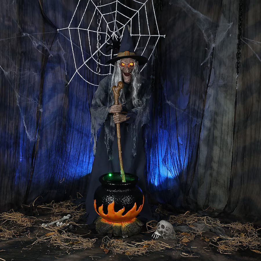 Haunted Living 6-ft Witch with Cauldron Motion Activated Lighted Animatronic Halloween Decoration