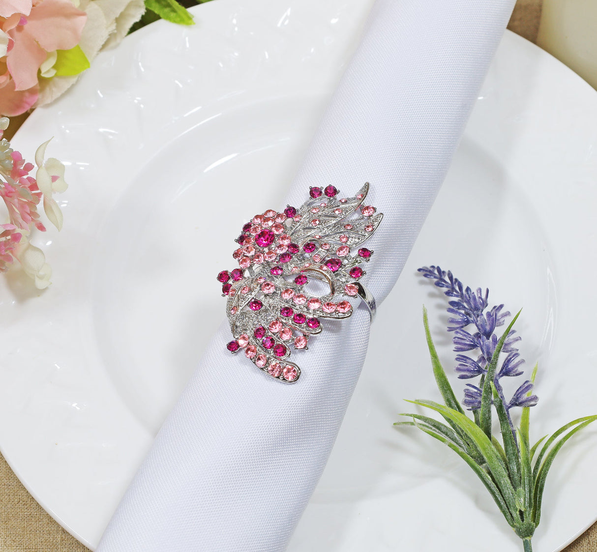 Rhinestone Napkin Ring Silver Pink Butterfly