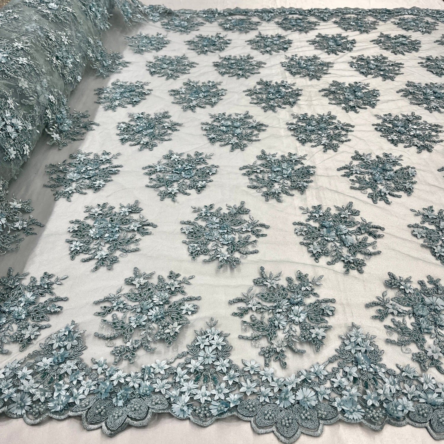 1 Yard Beaded 3D Floral Lace Fabric Embroidered 100 Percent Polyester Net Mesh 50 inch Width