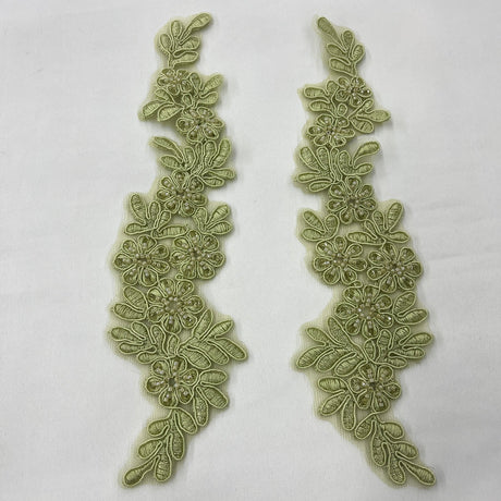1 Pair 9.5" x 2" Each Side Beaded & Corded Floral Lace Applique Embroidered on 100% Polyester Net Mesh