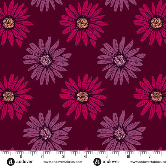 Cotton Wideback Fabric Nancy Rink Mystic Meadow Daisy Red 108"