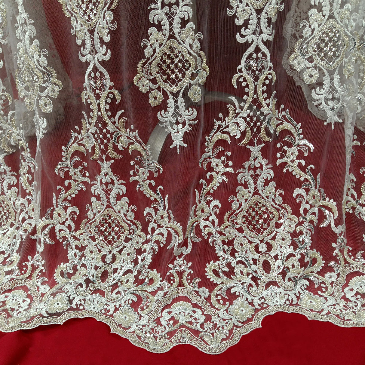 Beaded Lace Fabric on Polyester Net Mesh