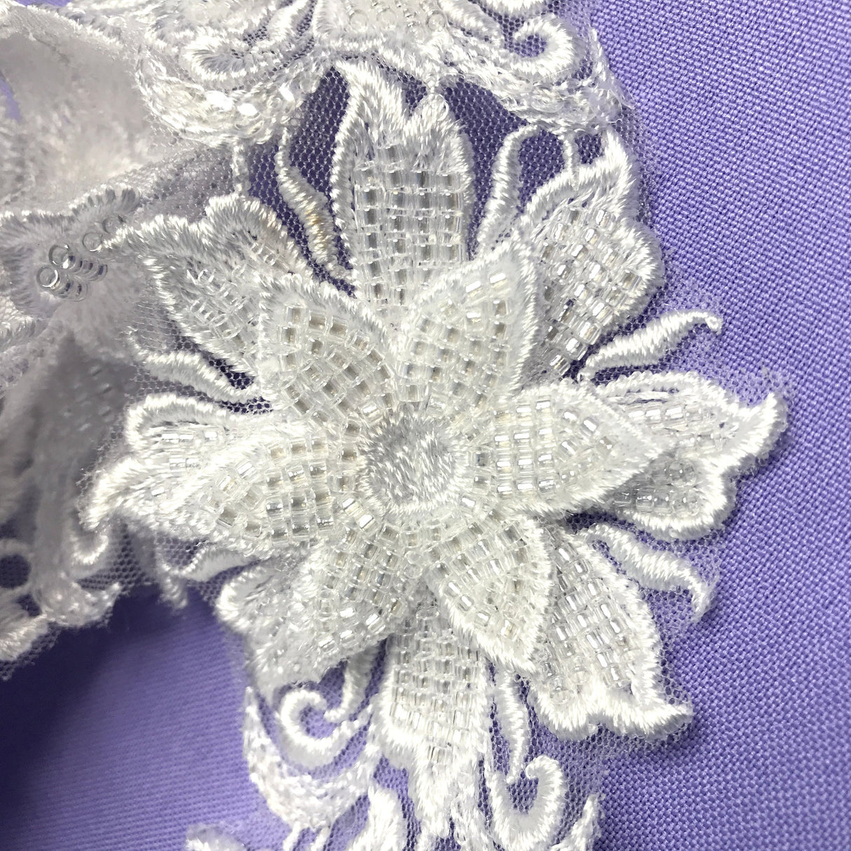 Beaded 3D Floral Lace Trimming Polyester Fabric - 3D Floral Embroidered Beaded Net Mesh, 2.5" Width (1 Yard)