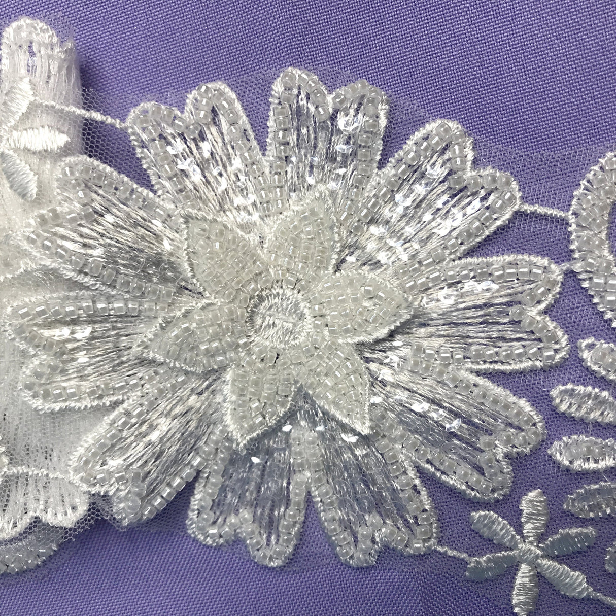 Beaded 3D Floral Lace Trimming Polyester Fabric - White, 3.5" Width (1 Yard)