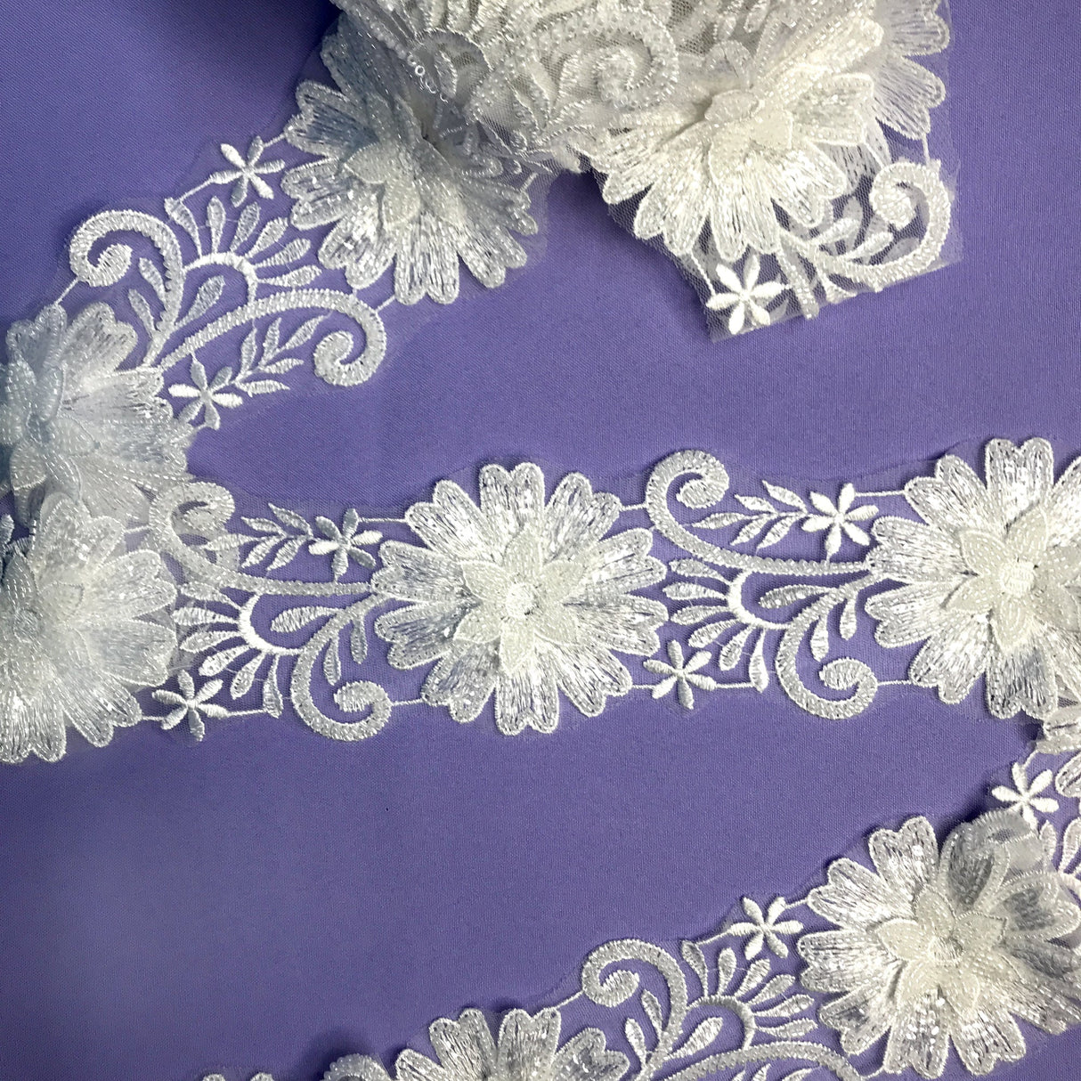 Beaded 3D Floral Lace Trimming White Off White 3.5"