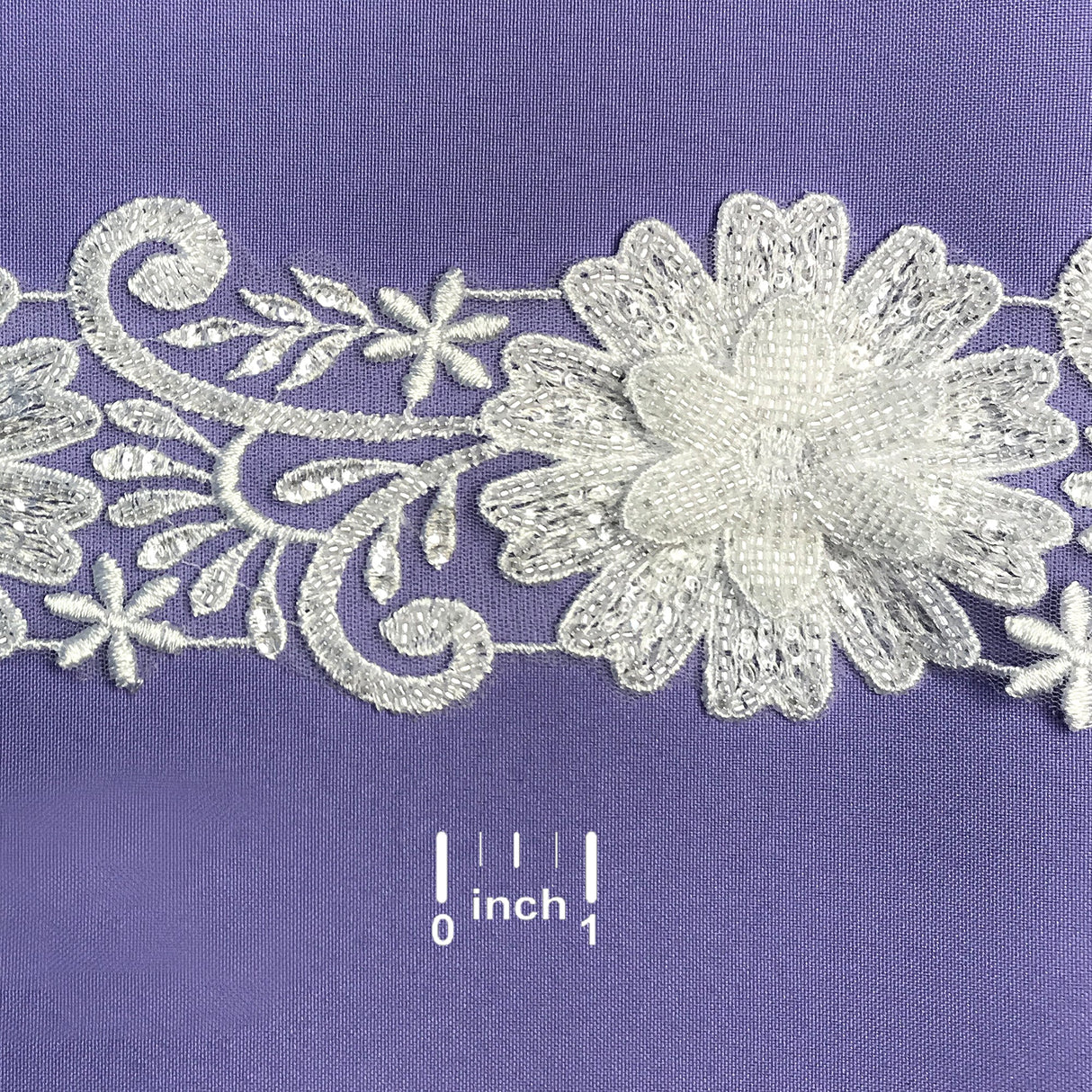 Beaded 3D Floral Lace Trimming Polyester Fabric - White, 3.5" Width (1 Yard)