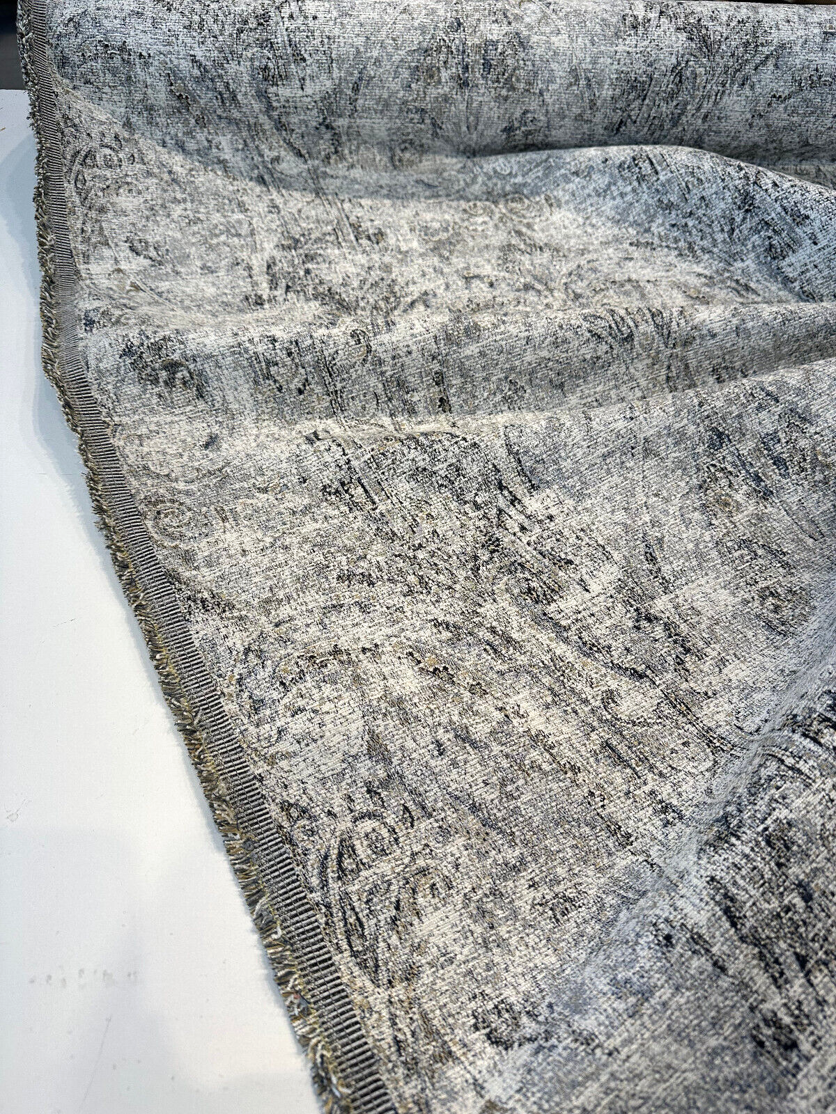 Imogen Rain Damask Distressed Chenille Fabric - Blue Grey Damask, 56" Width (1 Yard)