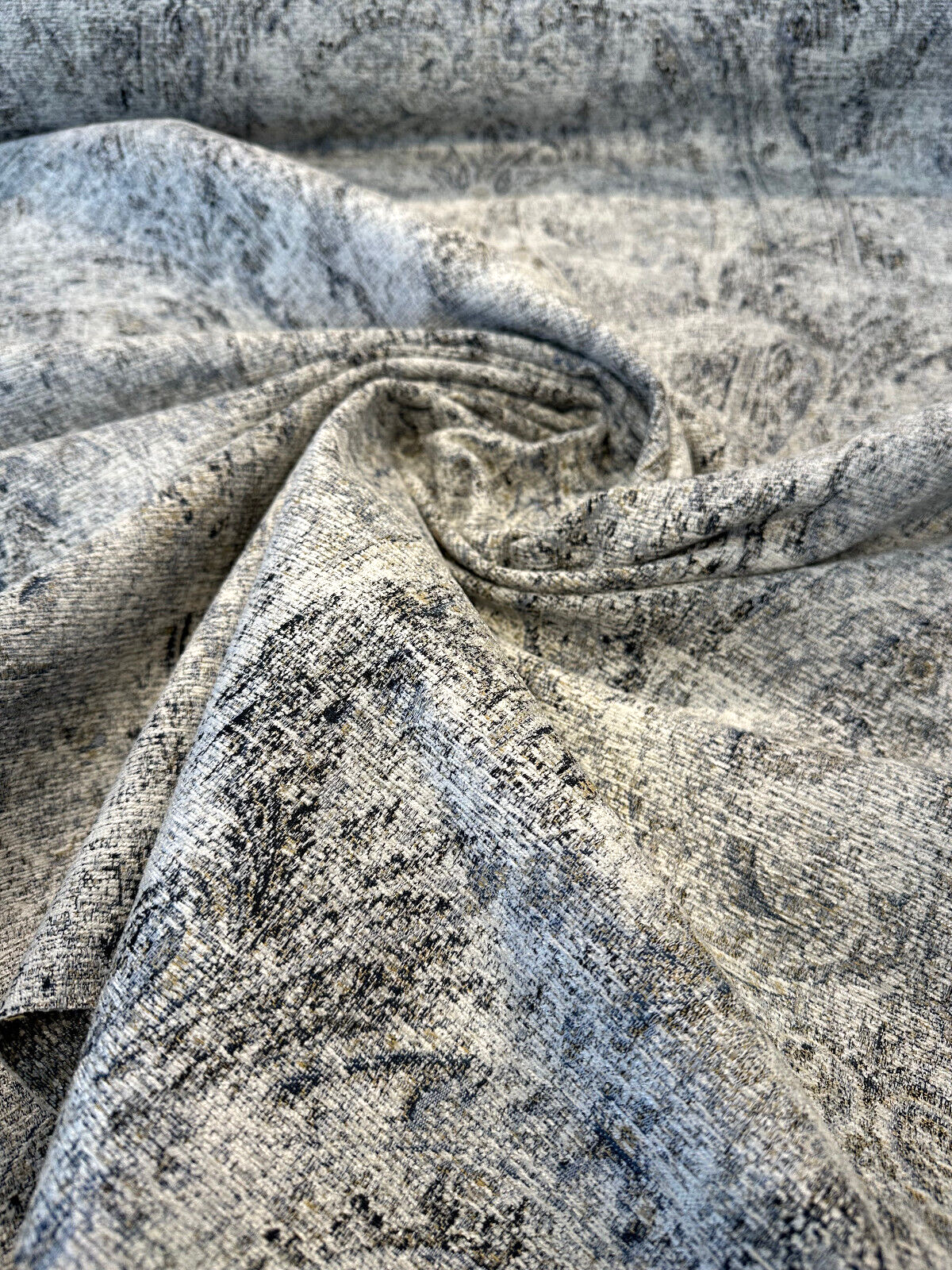 Imogen Rain Damask Distressed Chenille Fabric - Blue Grey Damask, 56" Width (1 Yard)