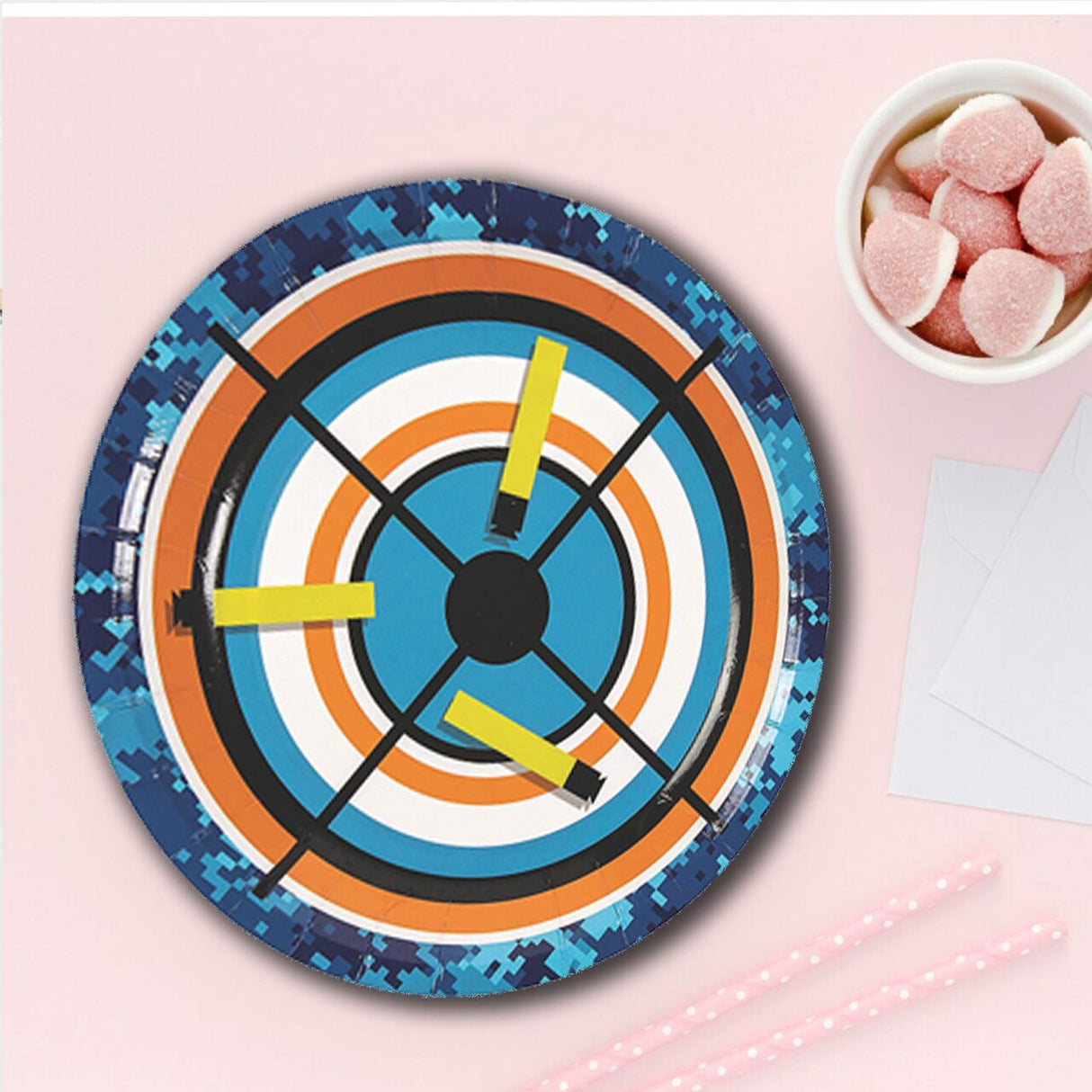 8 Ct. Dart Battle Party Paper Dessert Plates 7-Inch Target Design for Kids’ Birthday