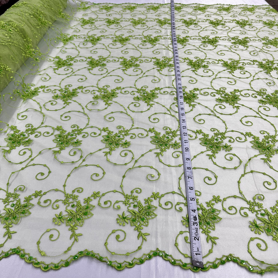 1 Yard - Beaded Lace Fabric Embroidered on 100% Polyester Net Mesh - Ivory - 52"