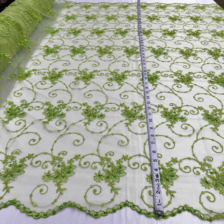1 Yard - Beaded Lace Fabric Embroidered on 100% Polyester Net Mesh - Ivory - 52"