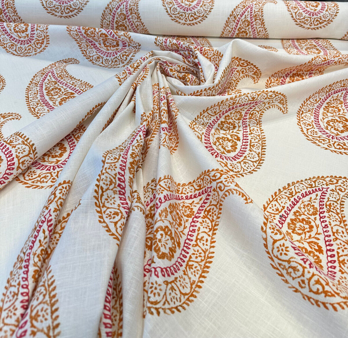 Madira Papaya Linen Cotton Blend Fabric - Papaya Paisley, Ivory Orange Pink, 54" Width (1 Yard)