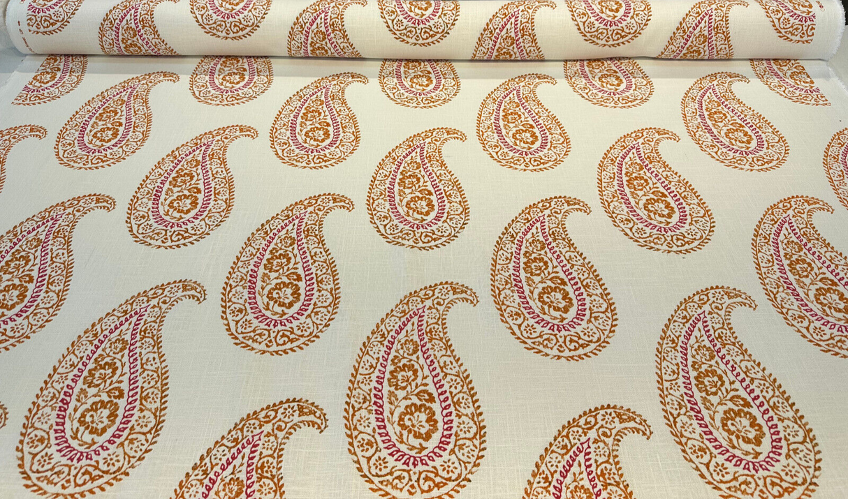 Madira Papaya Linen Cotton Blend Fabric - Papaya Paisley, Ivory Orange Pink, 54" Width (1 Yard)