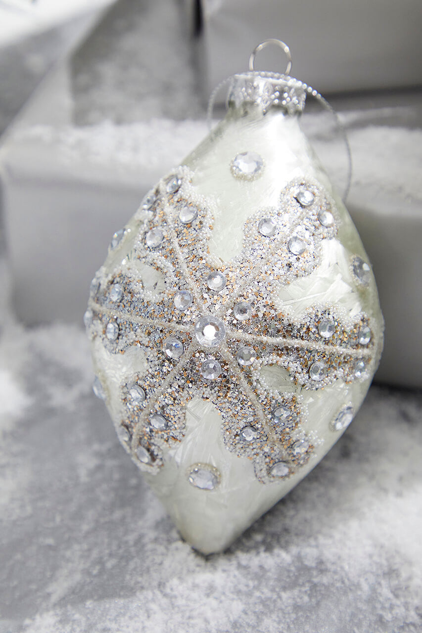 Glitter Ball Finial Snowflake Ornament 4 Inch Elegant White Christmas Decor
