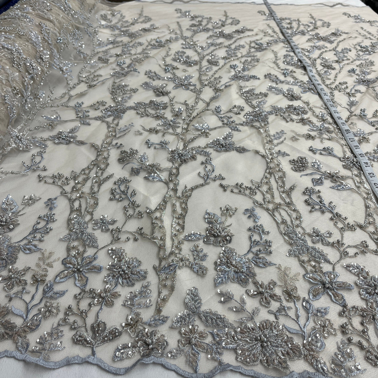 Beaded Lace Fabric Blue Skin Net