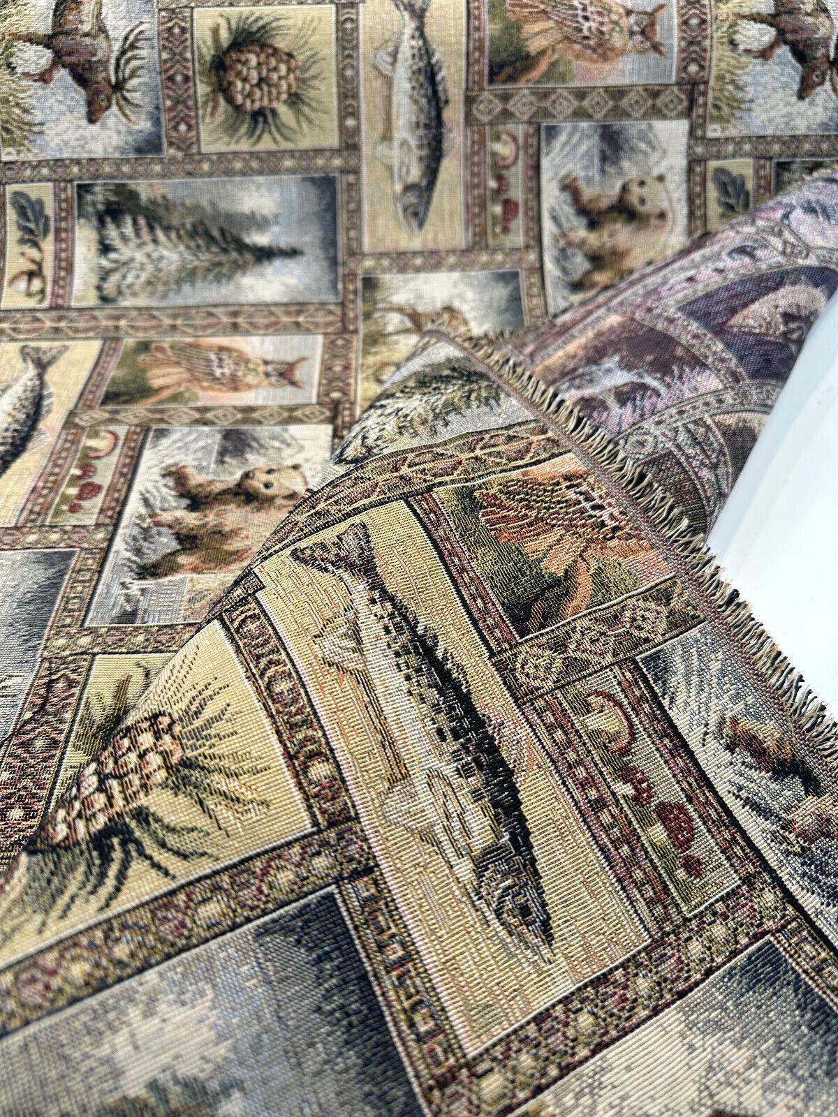Yellowstone RR Golden Novelty Bear Tapestry Upholstery Fabric - Golden Multicolored Bear, Moose, Fish, Forest Novelty, Railroaded, 62% Cotton 38% Polyester (1 Yard)