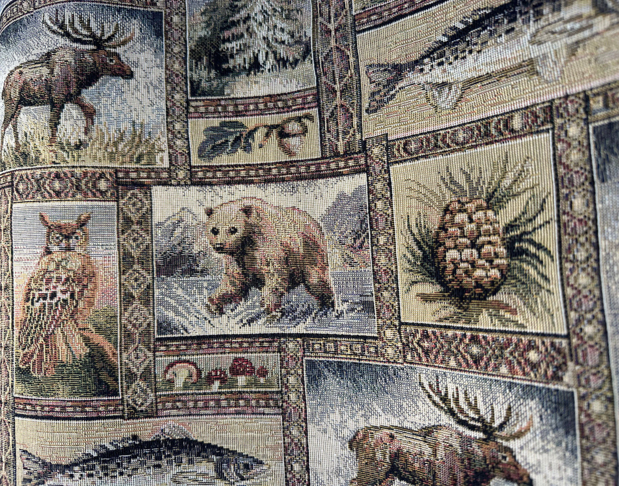 Yellowstone RR Golden Novelty Bear Tapestry Upholstery Fabric - Golden Multicolored Bear, Moose, Fish, Forest Novelty, Railroaded, 62% Cotton 38% Polyester (1 Yard)
