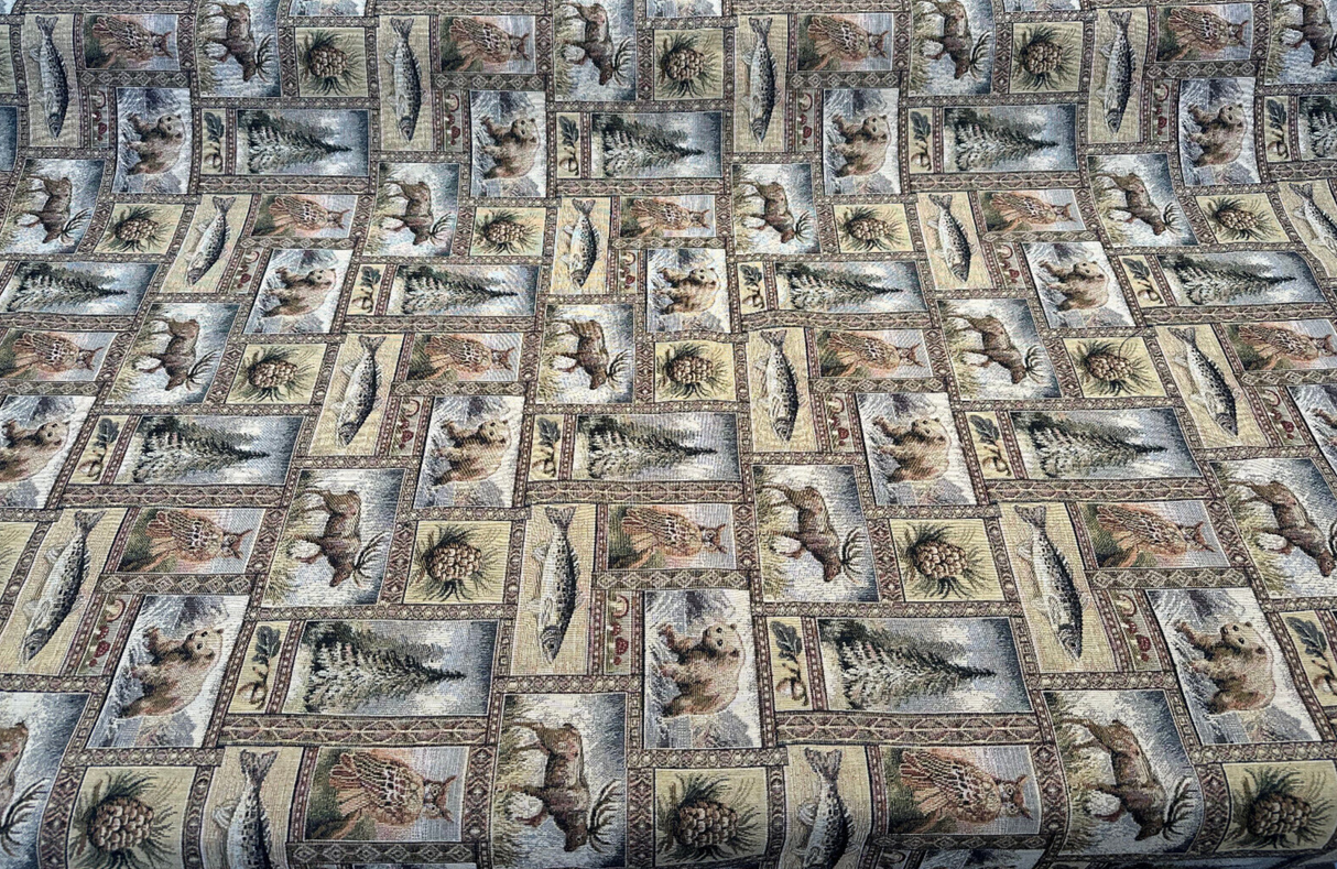 Yellowstone RR Golden Novelty Bear Tapestry Upholstery Fabric - Golden Multicolored Bear, Moose, Fish, Forest Novelty, Railroaded, 62% Cotton 38% Polyester (1 Yard)