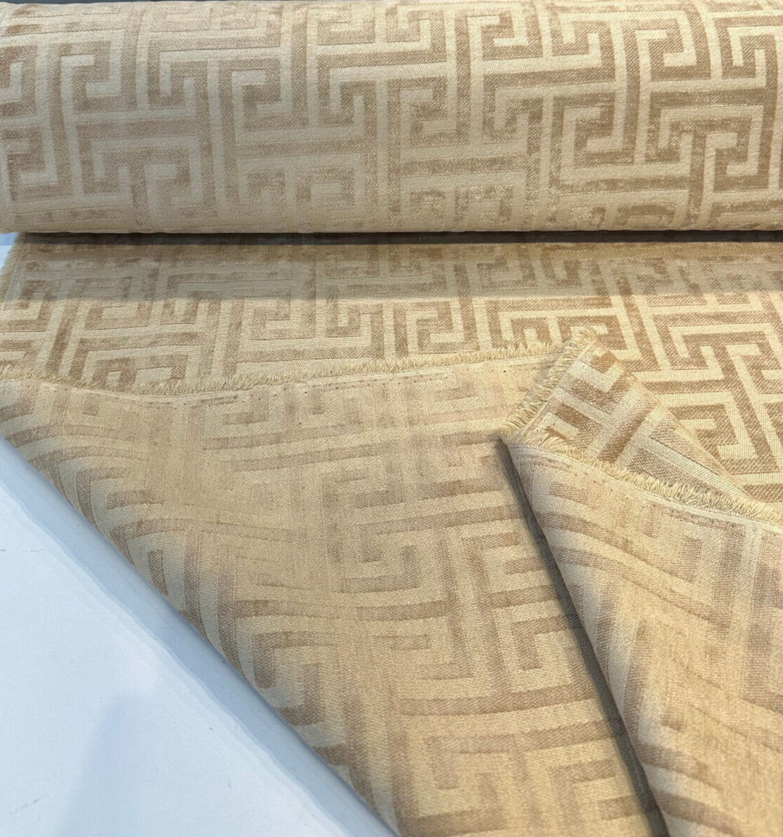 Wheat Greek Key Chenille Upholstery Fabric - Wheat Greek Key Pattern, 54" Width (1 Yard)