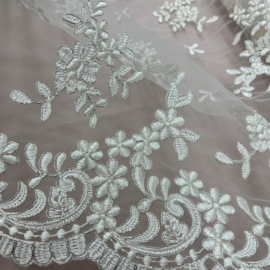 1 Yard - Corded Bridal Lace Fabric Embroidered on 100% Polyester Net Mesh - 53" Wide