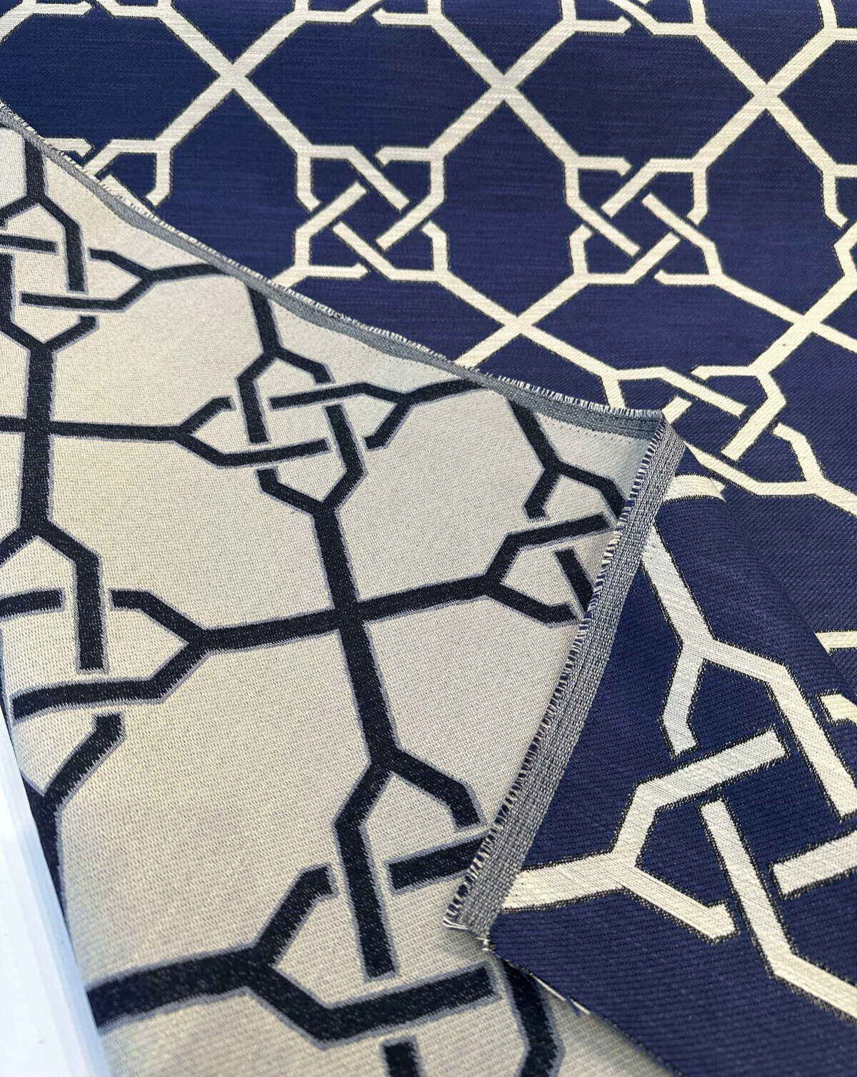 Bridle Navy Blue Geometric Jacquard Upholstery Fabric - Navy With Beige Design, 56" Width, 14" Repeat (1 Yard)