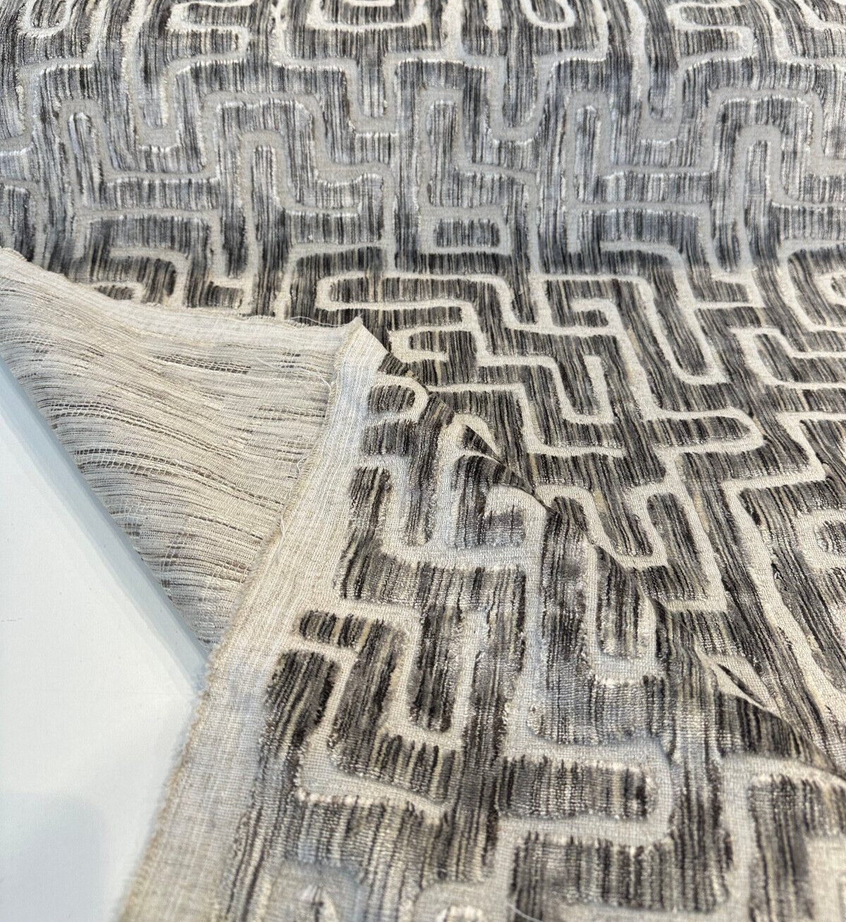 Adina Granite Jacquard Velvet Fabric - Geometric Maze Pattern, 54" Width (1 Yard)