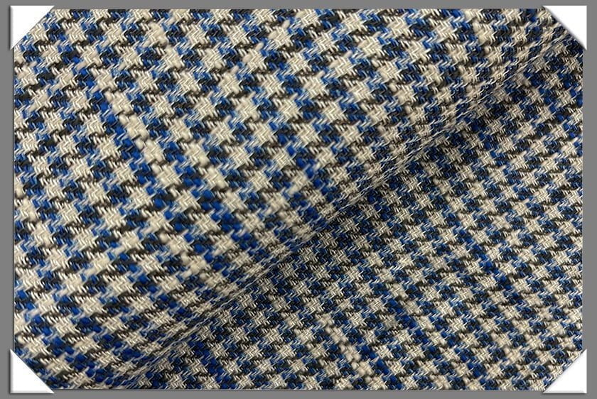 Blue Cream Houndstooth Linen Blend Fabric - Blue/Cream Houndstooth, 58/60" Width