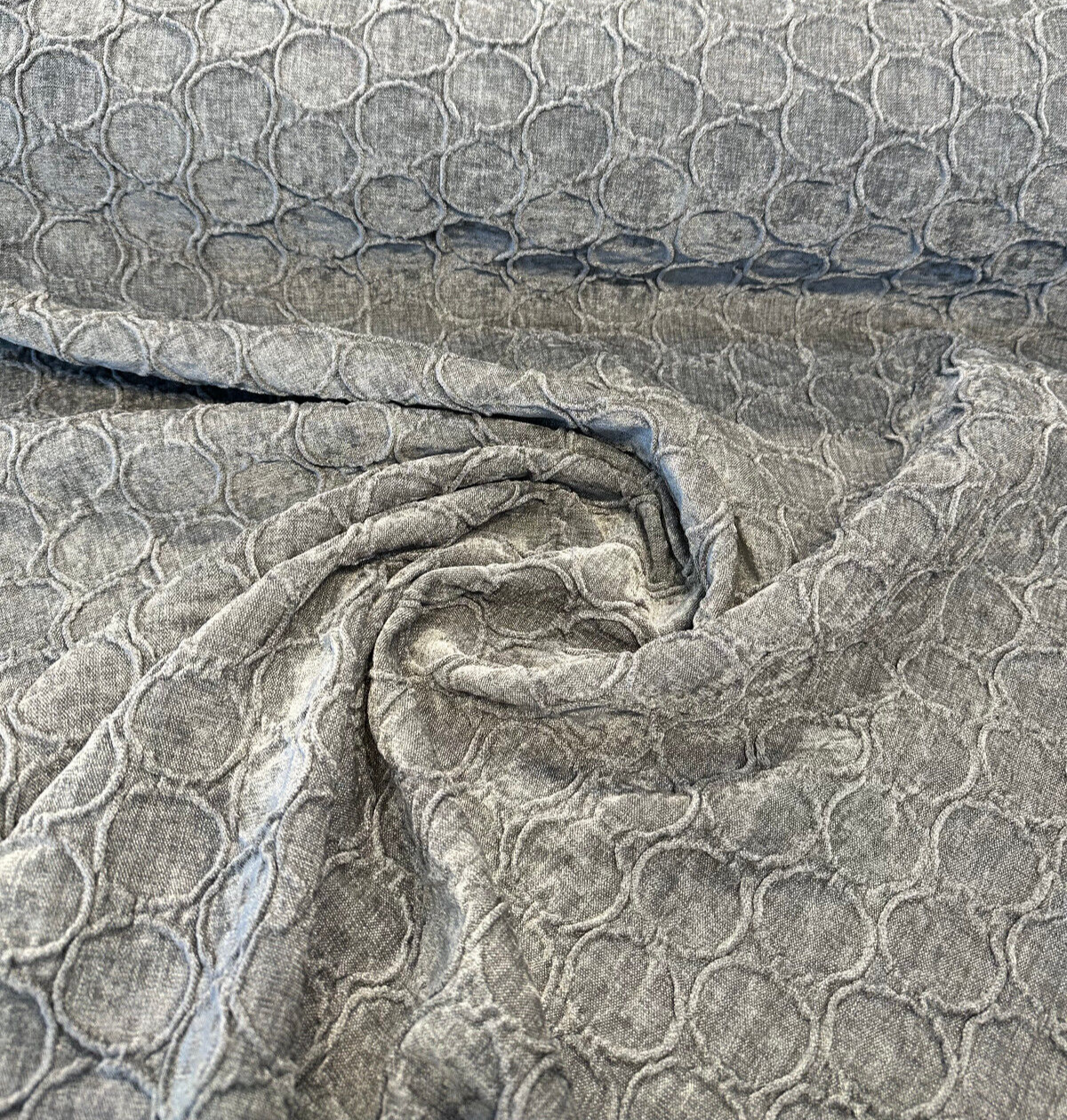 Raised Damask Circle Oslo Gray Eclipse Polyester Fabric - Gray Damask Circle Pattern, 43" Width (1 Yard)