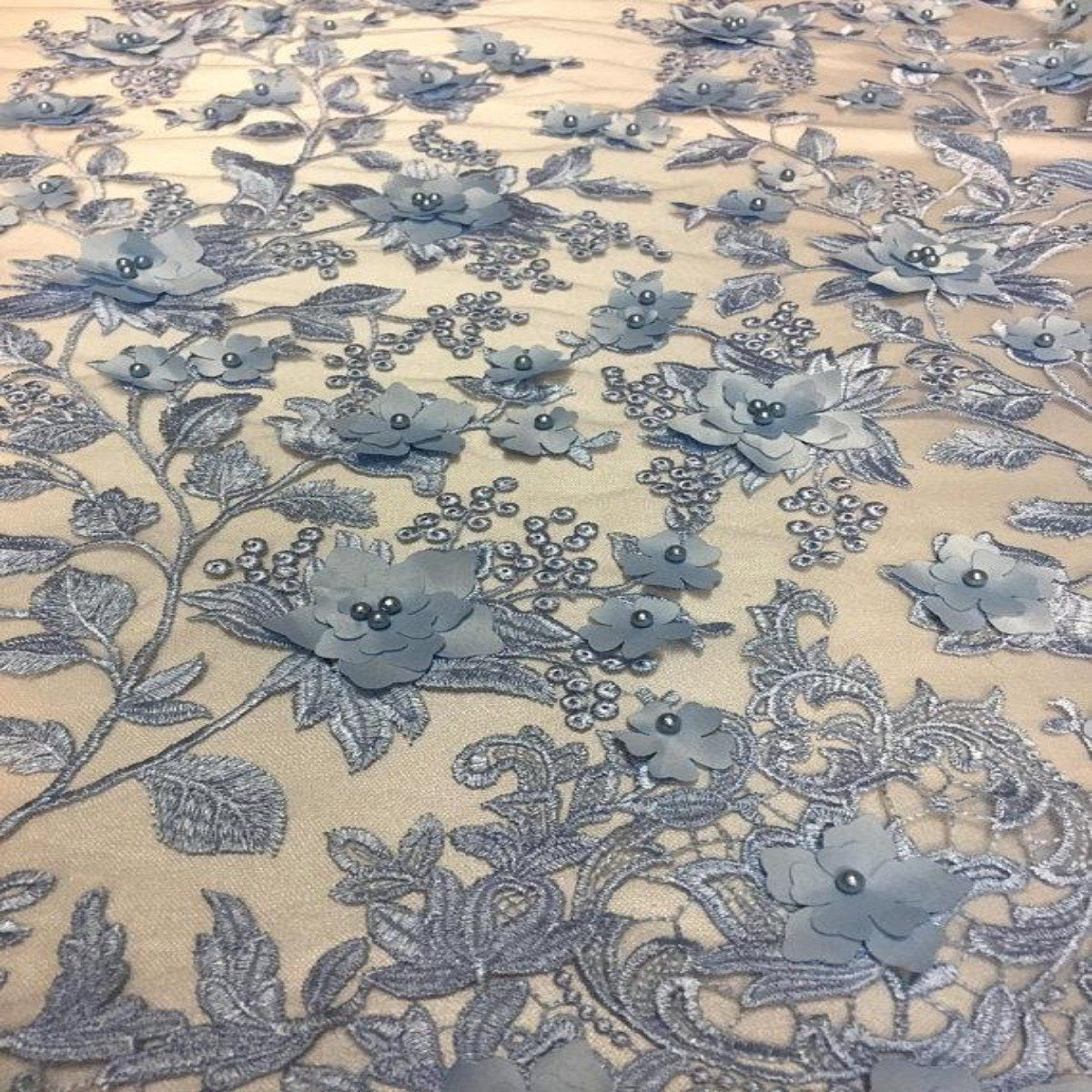 3D Embroidered Satin Floral Pearl Lace Fabric - 100 Percent Polyester Fabric, Floral Pearl Embroidery, 52" Width, 12" Panel (1 Yard)