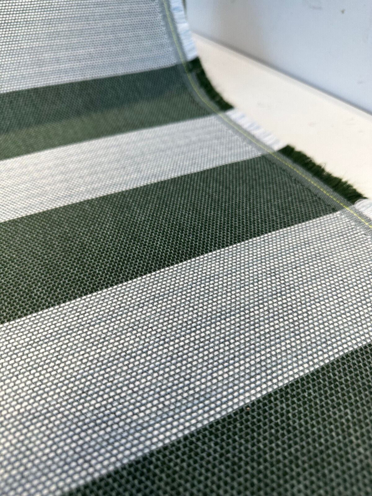 Sunbrella Performance Fizzle Ivy Stripe Acrylic Fabric - Green, White, Hints Of Blue, Textured Weave, 54" Width (1 Yard)