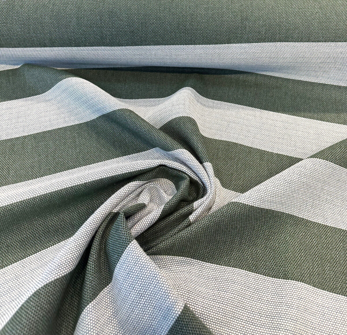Sunbrella Performance Fizzle Ivy Stripe Acrylic Fabric - Green, White, Hints Of Blue, Textured Weave, 54" Width (1 Yard)