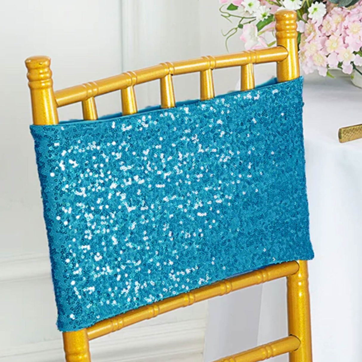 10 Pieces Shimmering Turquoise Sequin Spandex Chair Bands 7 x 13 Inches