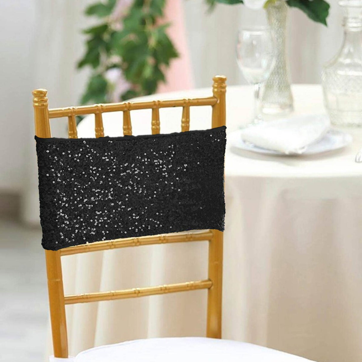 10 Pieces Sleek Black Sequin Stretch Spandex Chair Bands 7 x 13 Inches