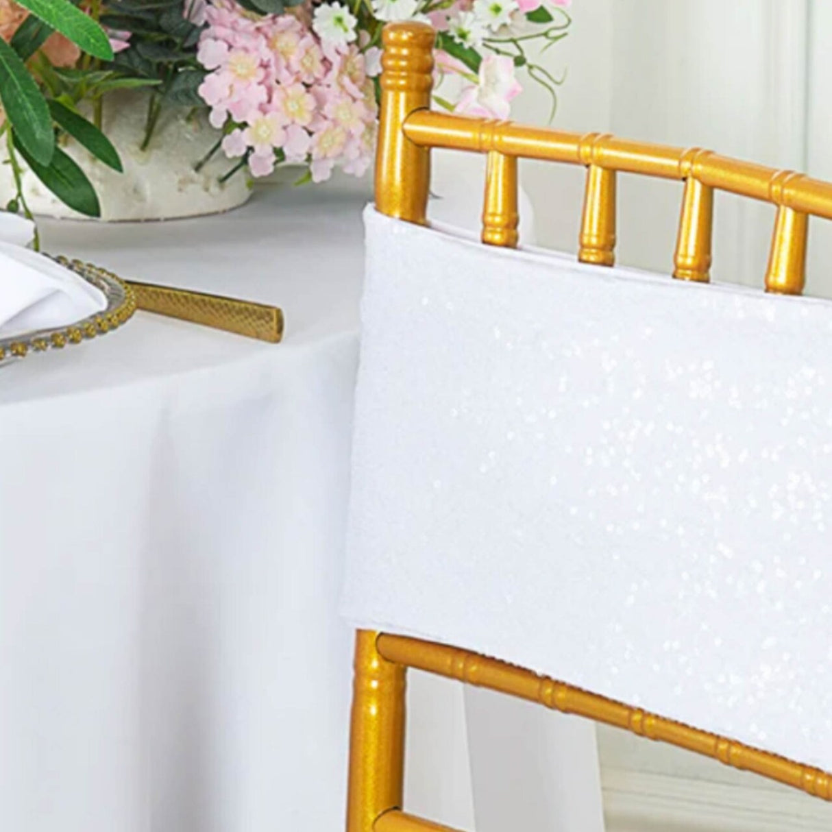 10 Pieces Sparkling White Sequin Stretch Spandex Chair Bands 7 x 13 Inches