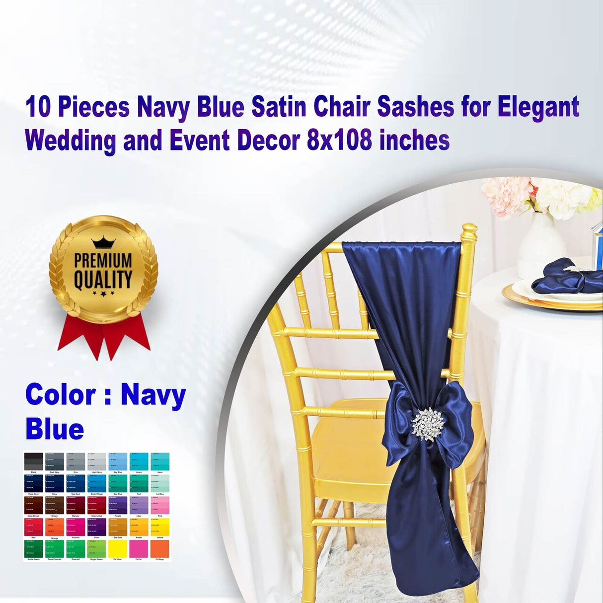 10 Pieces Navy Blue Satin Chair Sashes for Elegant Wedding and Event Decor 8x108 inches