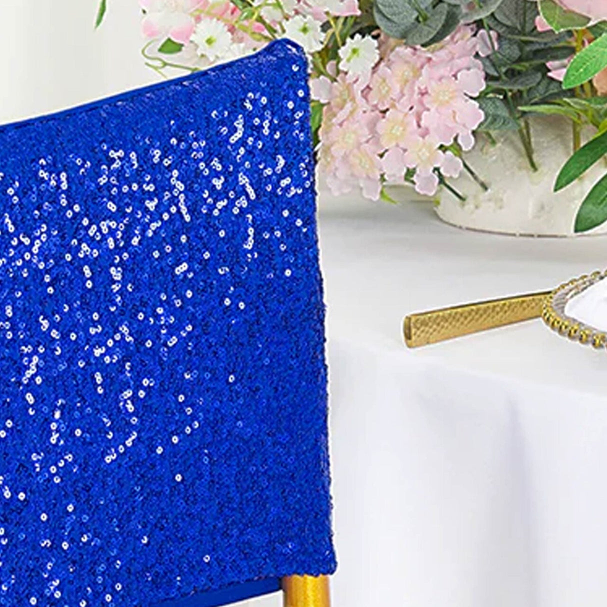 1 Piece Royal Blue Sequin Spandex Chair Cap 13.5 inch by 10 inch Reception Decor