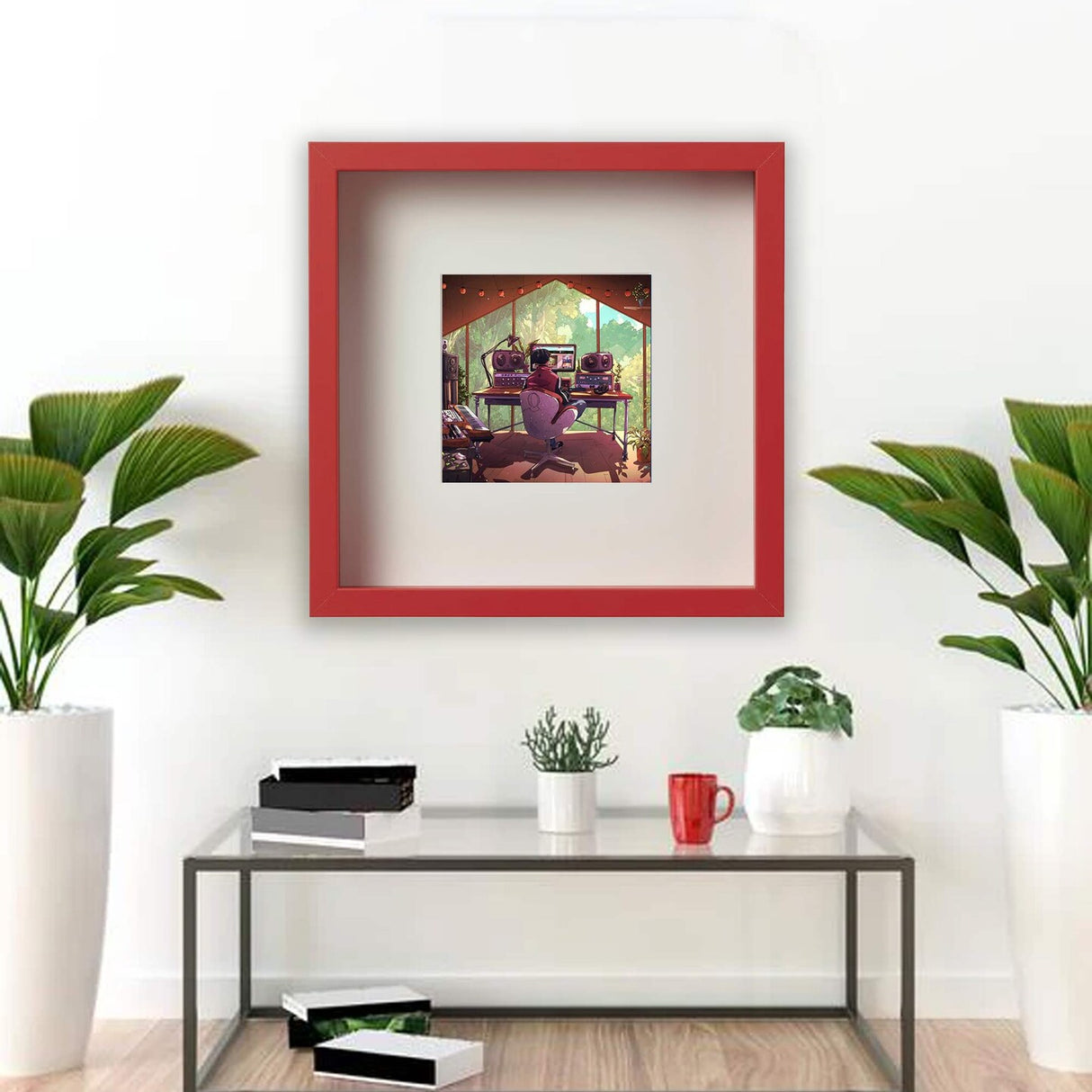 9 ¾x9 ¾" Red Frame with Acid-Free Mat & ALFTA Adhesive Hook – Deep Design for Hanging or Standing