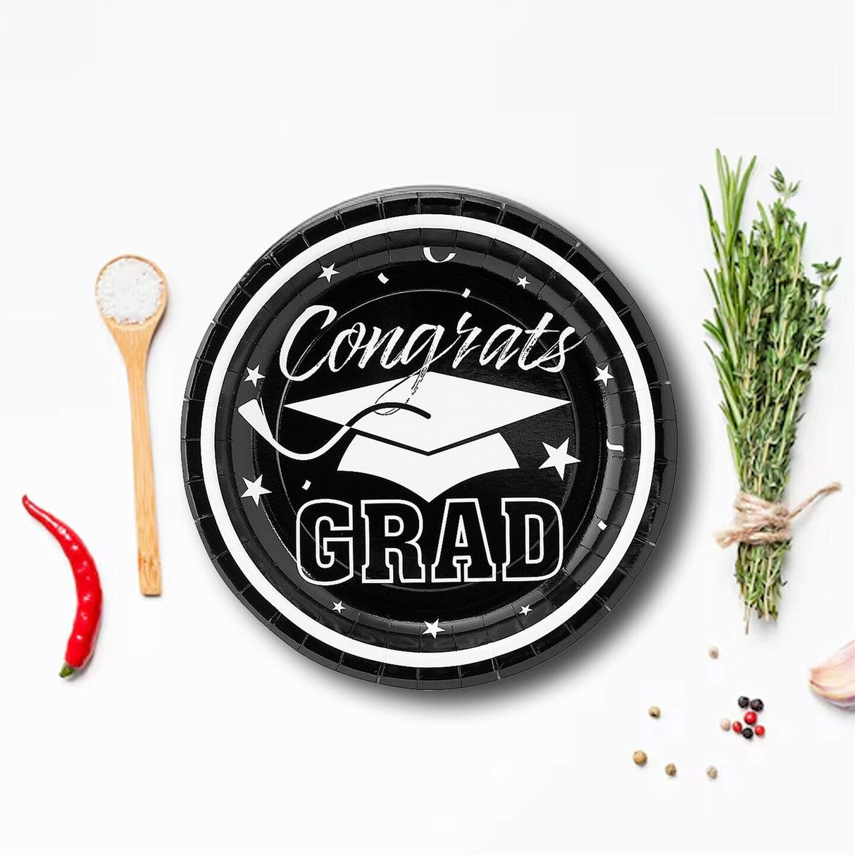 25 Count Black Congrats Grad Paper Dessert Plates Disposable Graduation Party Supplies