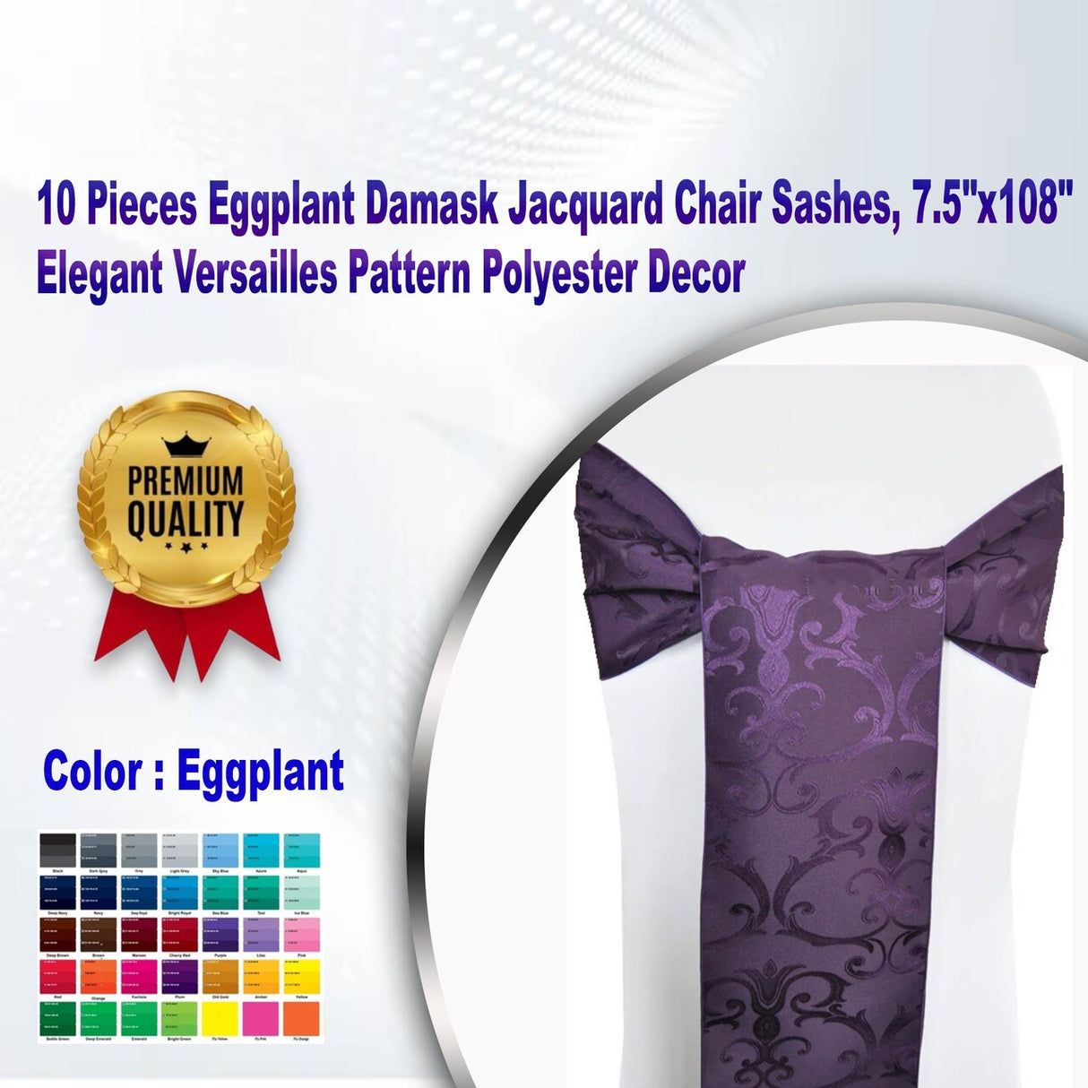 10 Pieces Eggplant Damask Jacquard Chair Sashes, 7.5"x108" Elegant Versailles Pattern Polyester Decor