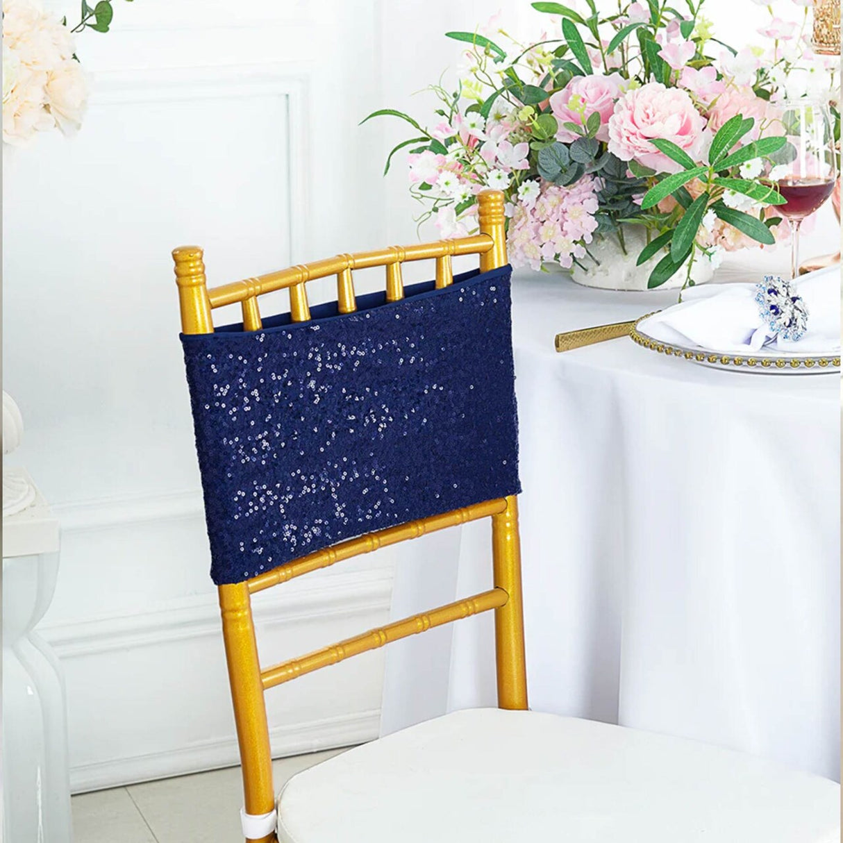 10 Pieces Elegant Navy Blue Sequin Stretch Spandex Chair Bands 7 x 13 Inches