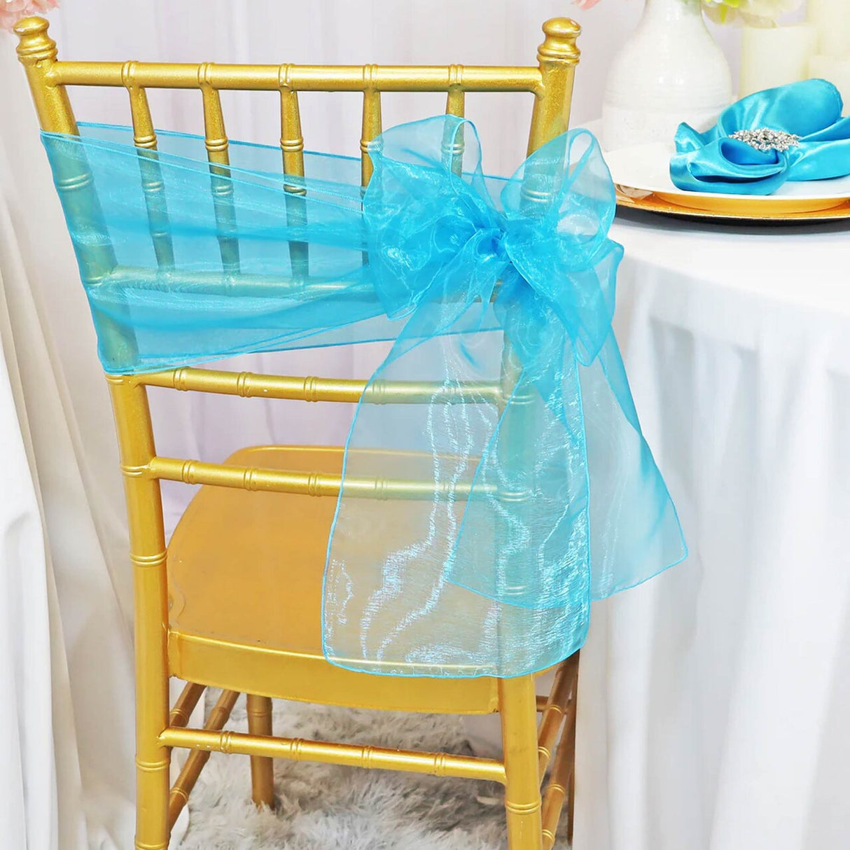 10 Pieces Turquoise Organza Chair Sashes 8"x108" Sheer Elegant Bow Accent