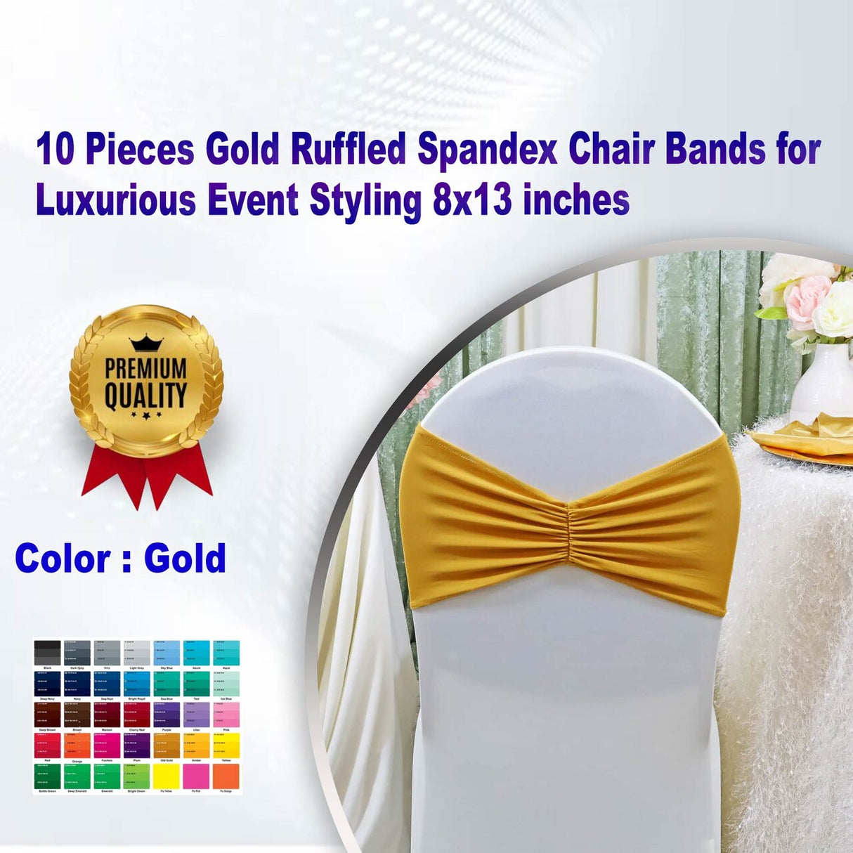 10 Pieces Gold Ruffled Spandex Chair Bands for Luxurious Event Styling 8x13 inches